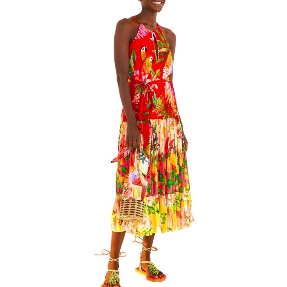 Farm Rio - Red Maxi Halter Tiered Parrot Print